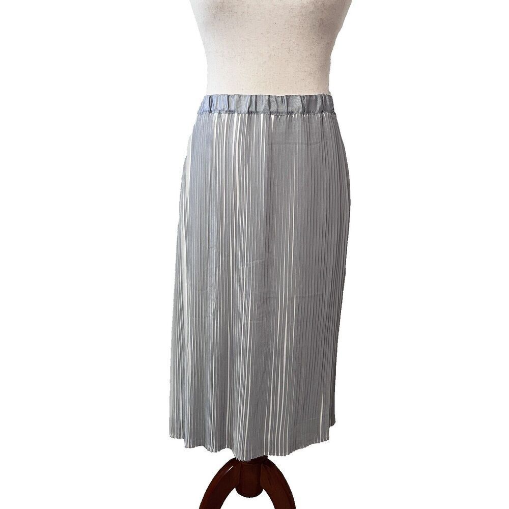 NWT Adiva Pleated Midi Skirt Womens Mediuim Elastic Waist Silver Blue